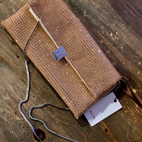 NWT Reiss Sparkly Purse Evening Bag Shoulder Clutch Peach Pinkish Bling - Picture 11 of 11